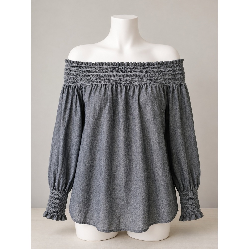 George A Ltd Gray Smocked Off The Shoulder Blouse Cotton Long Sleeve Top Medium